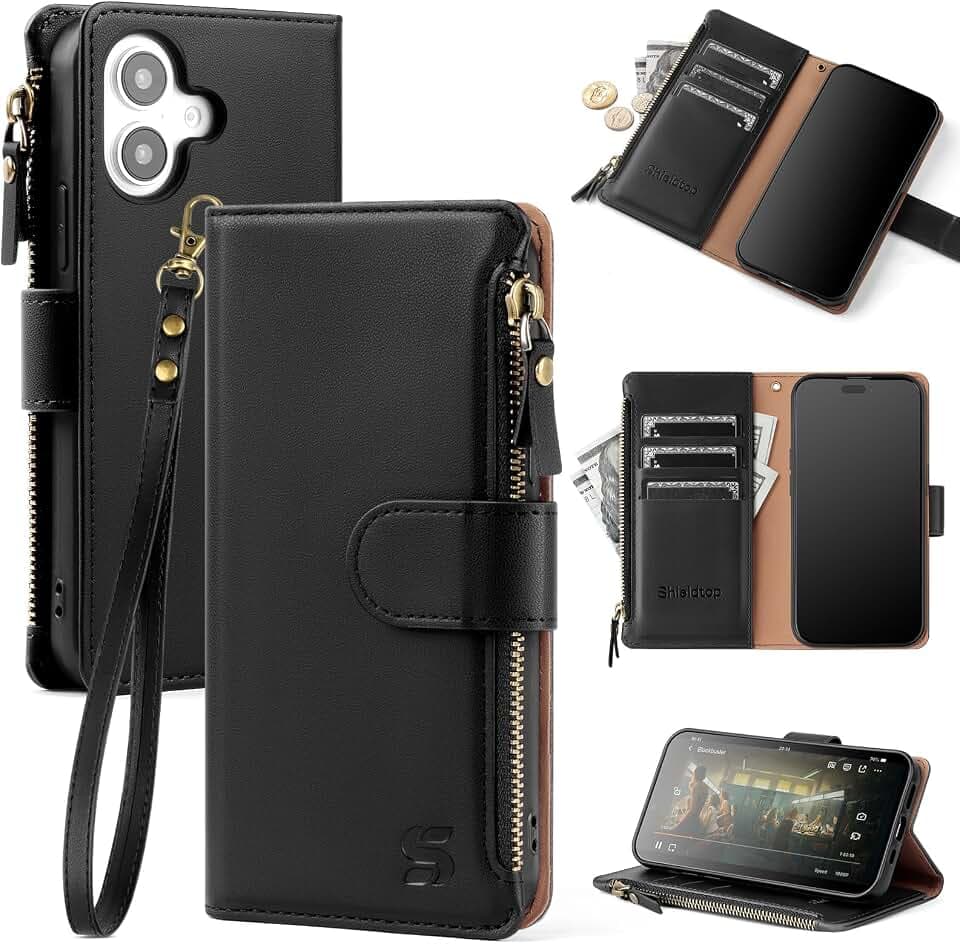 Shieldtop for iPhone 16 Wallet Case with Card Holder,Black
