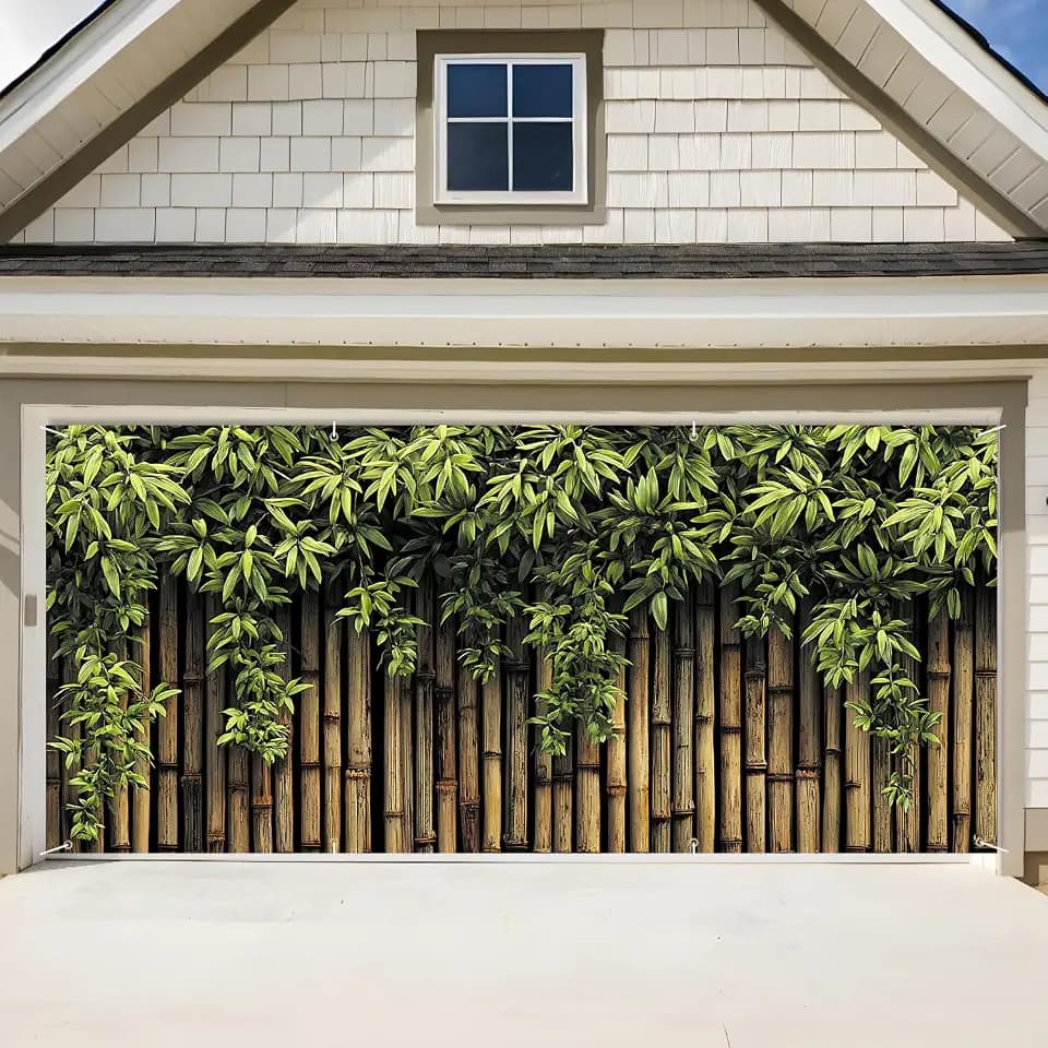 Bamboo Garden Garage Door Banner 6x13FT, Green Bamboo Fence Garage Door Cover, Large Outdoor Nature Decoration for Garage Doors, Patio & Yard