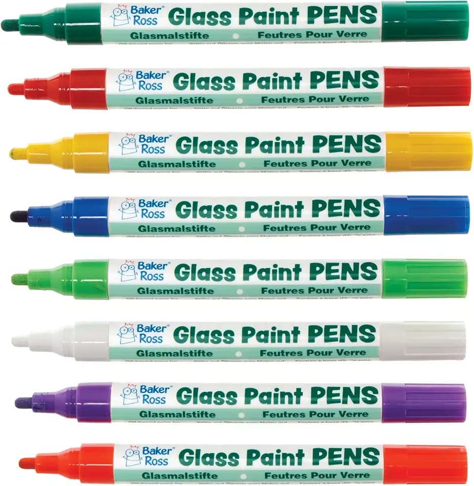 Baker Ross AX935 Regenbogenfarbene Glasmalstifte, 8 Stück, Kunst- und Bastelbedarf, Acrylmarker für Kinder, Farbmarker für Kinder