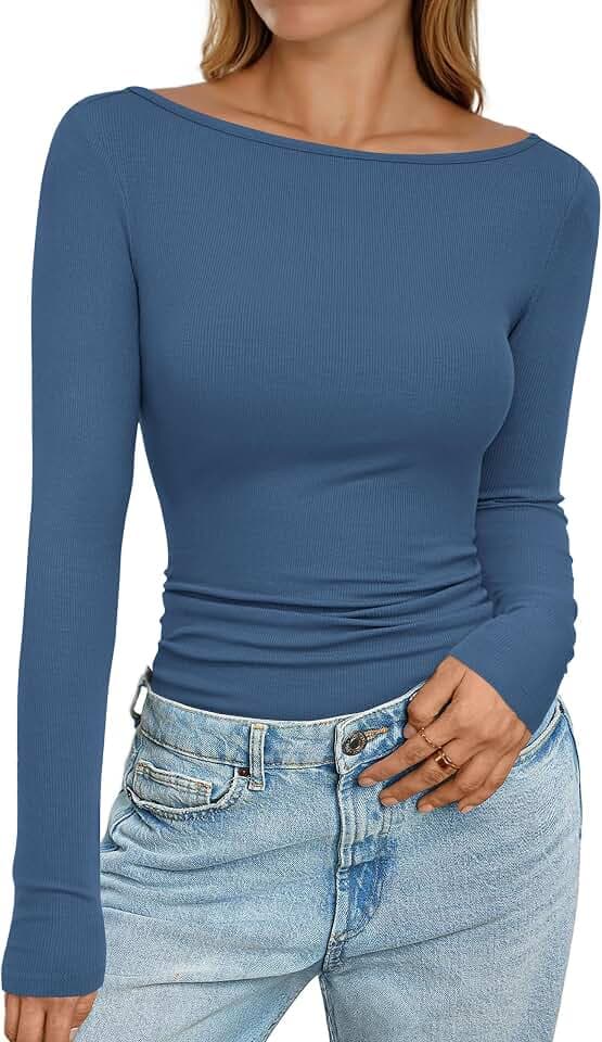 PRETTYGARDEN Long Sleeve T Shirts for Women Basic Ribbed Boat Neck Tops