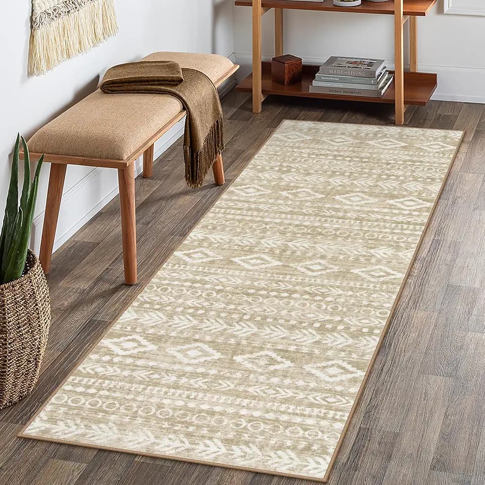 Lahome Boho Geometric Washable Runner Rug, 2x6 Low-Pile Tan Long Bathroom Runner Rug Non Slip Washable, Rustic Print Pattern Soft Bedroom Carpet Runner 6ft for Entryway Laundry Room Varena