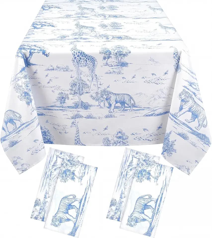 Moukeren 4 Blue Toile Tablecloth Safari Animals Baby Shower Decorations