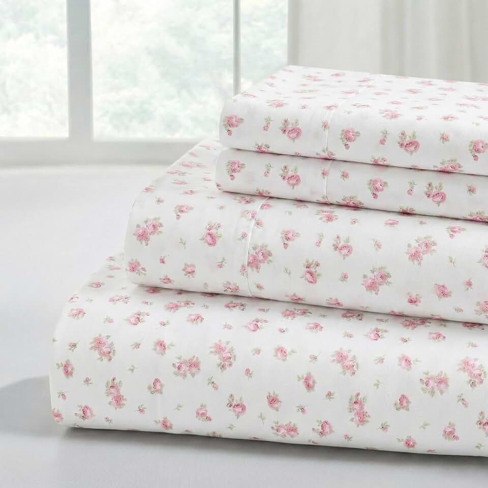 Modern Threads 4-Piece Ultra Soft Microfiber Bed Sheets Set, Wrinkle Free Sheets with Deep Pockets Fitted Sheet, Flat Sheet & Pillowcases, Lightweight Breathable Bedding, Roses on Ivory, King