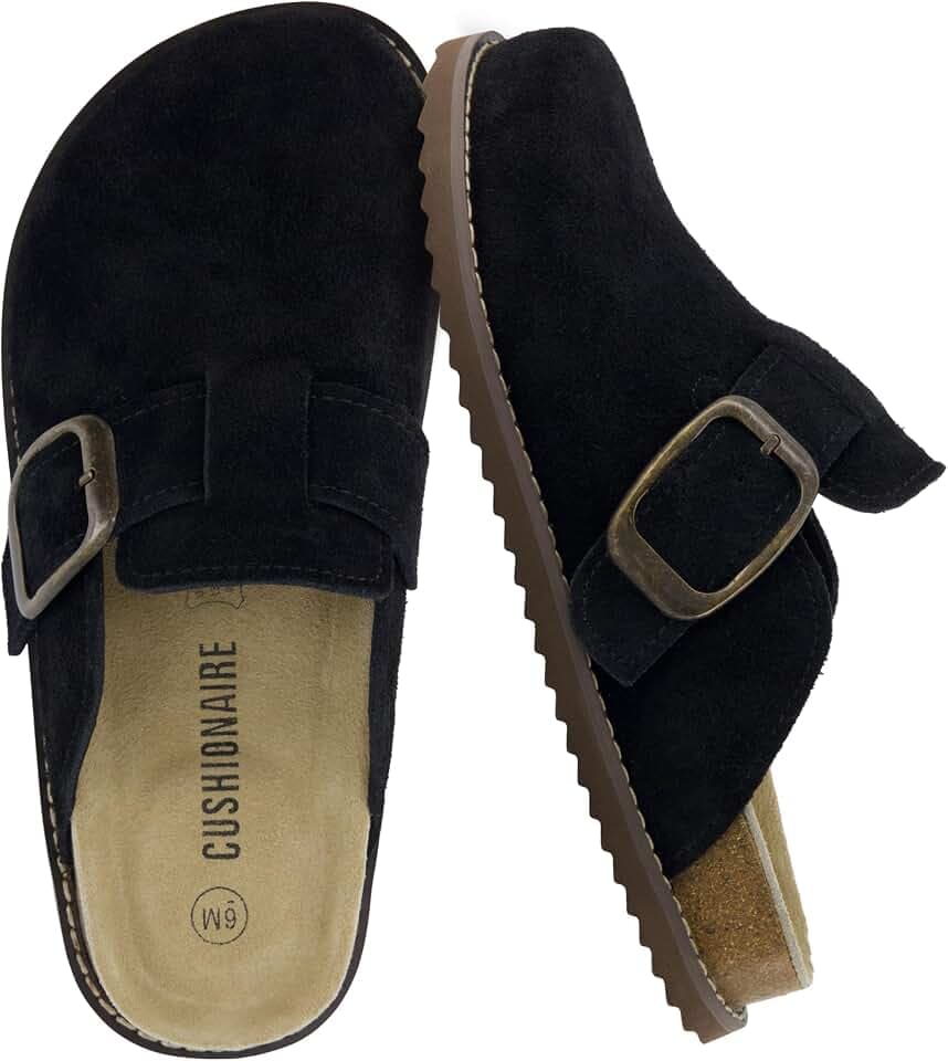 CUSHIONAIRE Women's Blain Genuine Suede Slip-On Clogs with + Memory Foam & Chic Buckle Mule - Comfortable, Non-Slip, Wide Widths Available