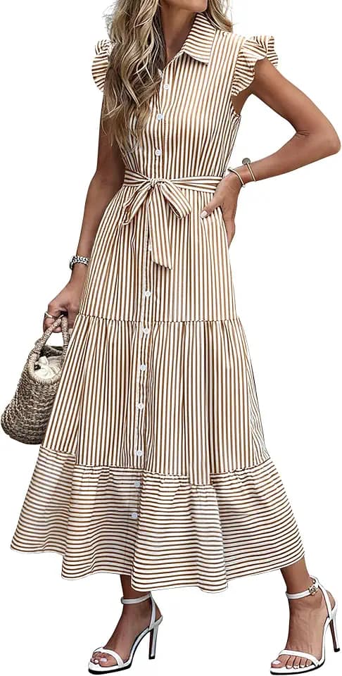 Caracilia Womens Summer Casual Ruffle Cap Sleeve Maxi Dress Button Down Striped Plaid Tie Waist Vacation Long Shirt Dresses
