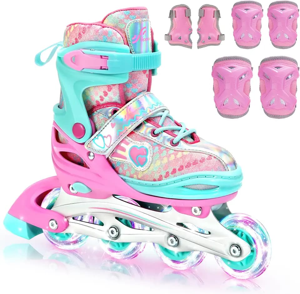 Sportneer 4 Size Adjustable Inline Skates for Girls, Kids Inline Skates Size 12C-9 with Light Up Wheels Roller Blade with Protective Gear Set for Kids Girls Women Beginners Indoor & Outdoor Use