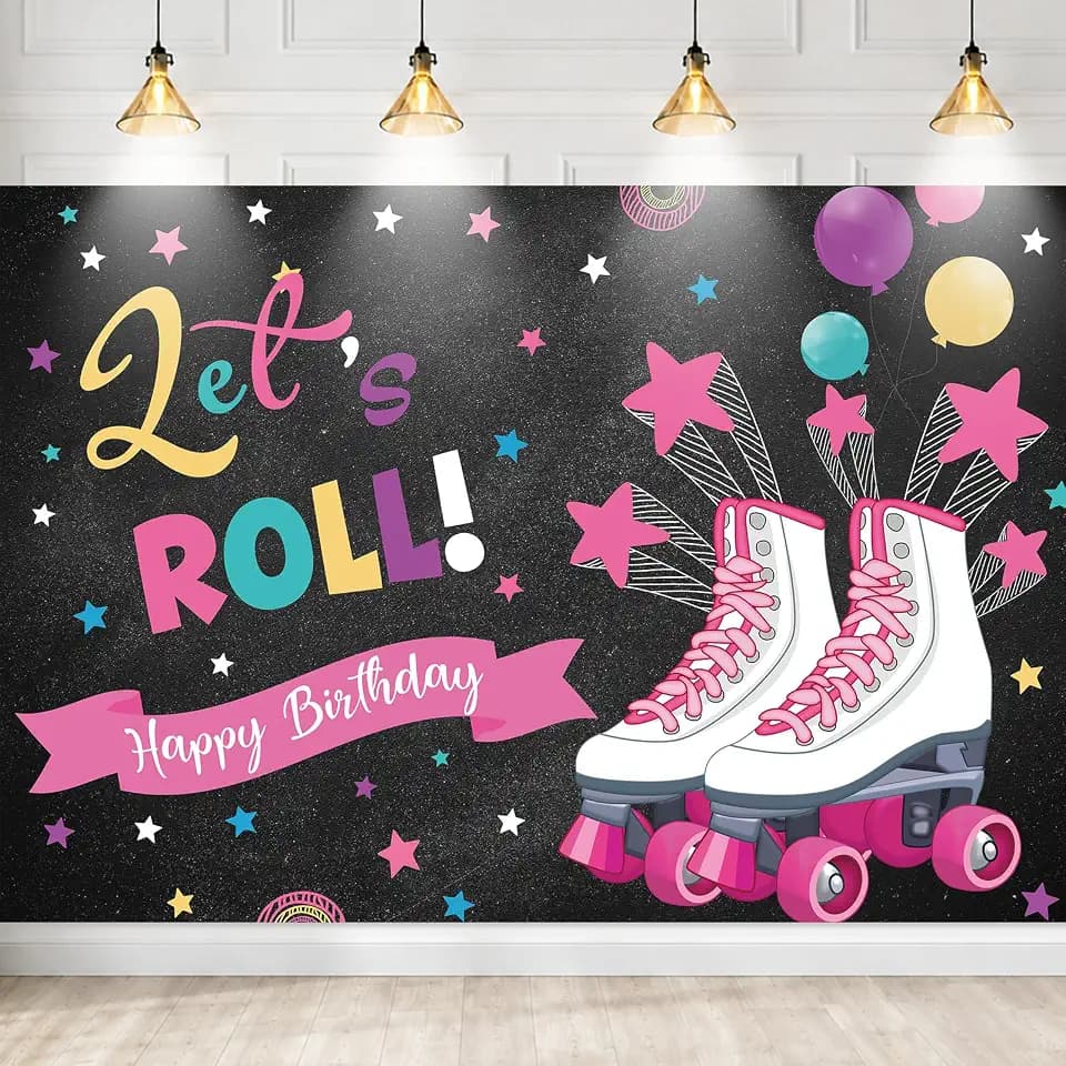 MEHOFOND Let's Roll Girls Birthday Backdrop Pink Star Balloon Party Decoration Supplies Roller Skating Girls Neon Photography Background Banner of Cake Table Photo Studio Props 7x5ft
