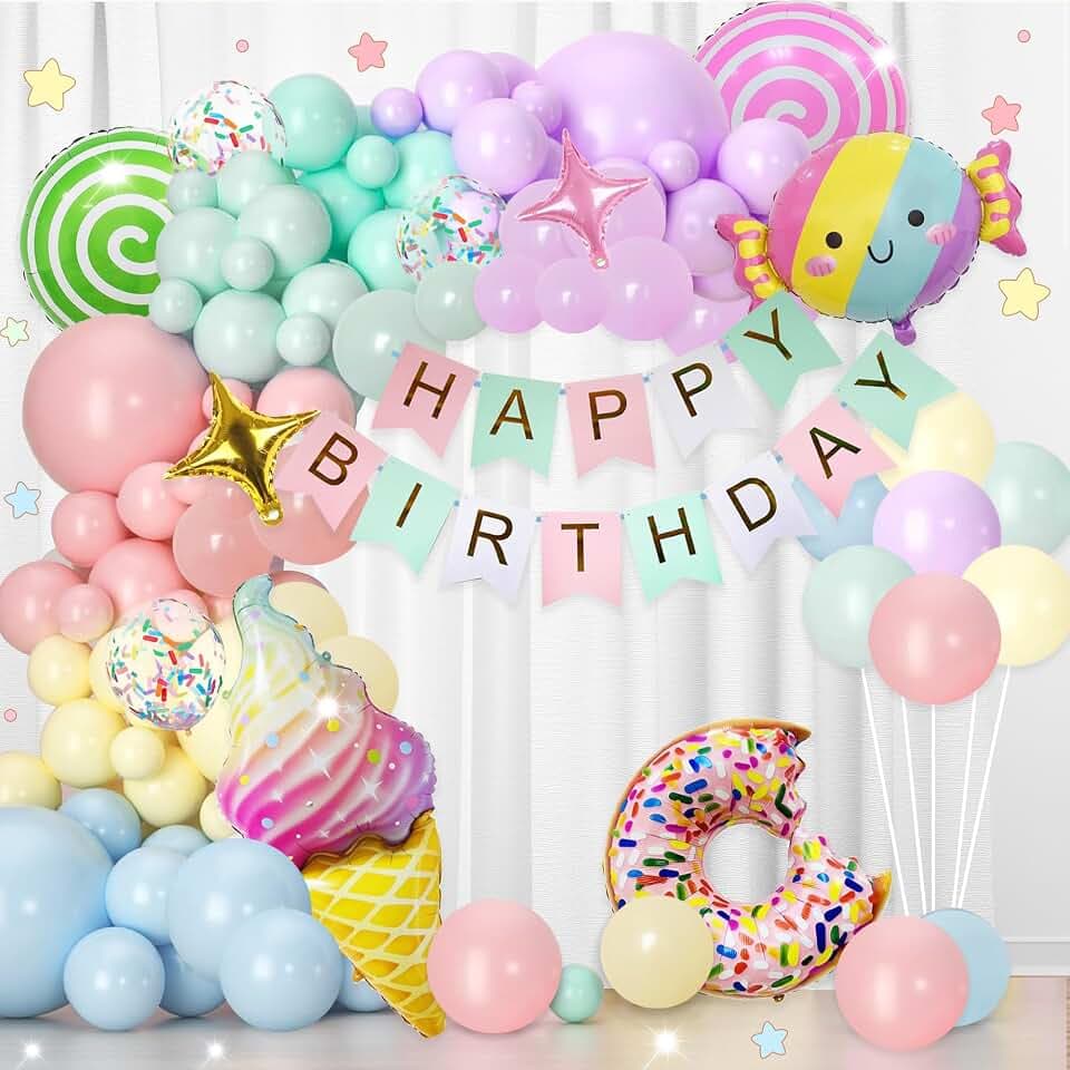 Süßigkeiten Party Deko Mädchen - 130 Stück Geburtstagsdeko, Süßigkeiten Donuts Lutschern Eiscreme Folienballons, Geburtstags Banner, Latexballons für Kinder Frauen Candy Theme Geburtstags Party