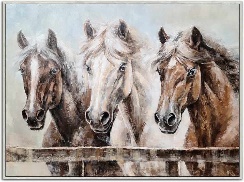Yihui Arts Horse Canvas Wall Art for Rustic Farmhouse Living Room Bedroom Bathroom Decor - Large Hand Painted Textured Artwork in Cream, Beige, White, and Brown Colors