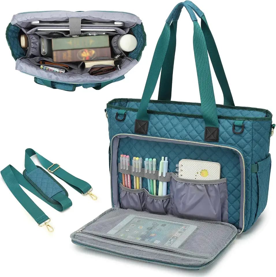 Teacher Tote Bag for Women, 15.6 inch Laptop Work Bag with Cup Holder