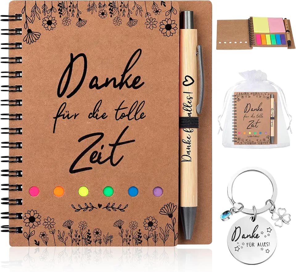 4-teiliges Dankeschön-Geschenkset, bestehend aus Spiralblock, Druckkugelschreiber, Schlüsselanhänger und Mullbeutel, geeignet als Abschiedsgeschenk für Lehrer, Mitschüler, Kollegen,Freunde(Tolle Zeit)