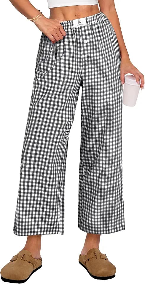 ANRABESS Womens Gingham Striped Pants, Palazzo & Cropped, Comfy & Cute, Lounge Pajama Plaid PJ Bottoms With Pockets