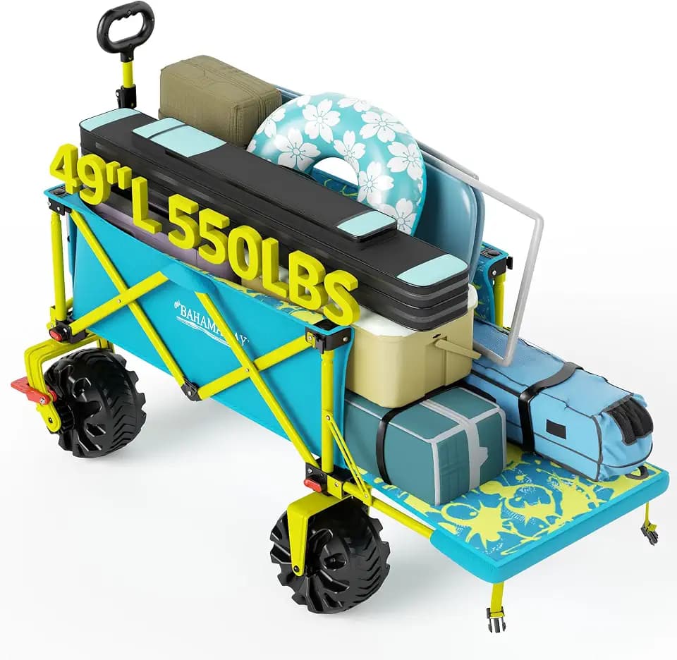 Old Bahama Bay 300lbs Extra Long 49" L Beach Wagon with Big Wheels with Brake for Sand, Collapsible Utility Beach Cart Heavy Duty Folding Wagon,Ideal for Outdoor Sand Camping Garden Pet
