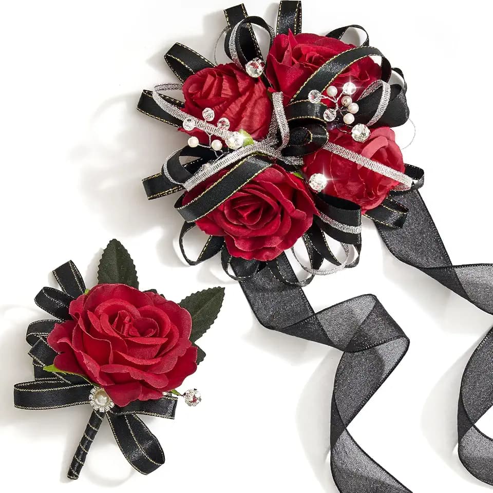 Red and Black Corsage and Boutonniere Set for Wedding Prom