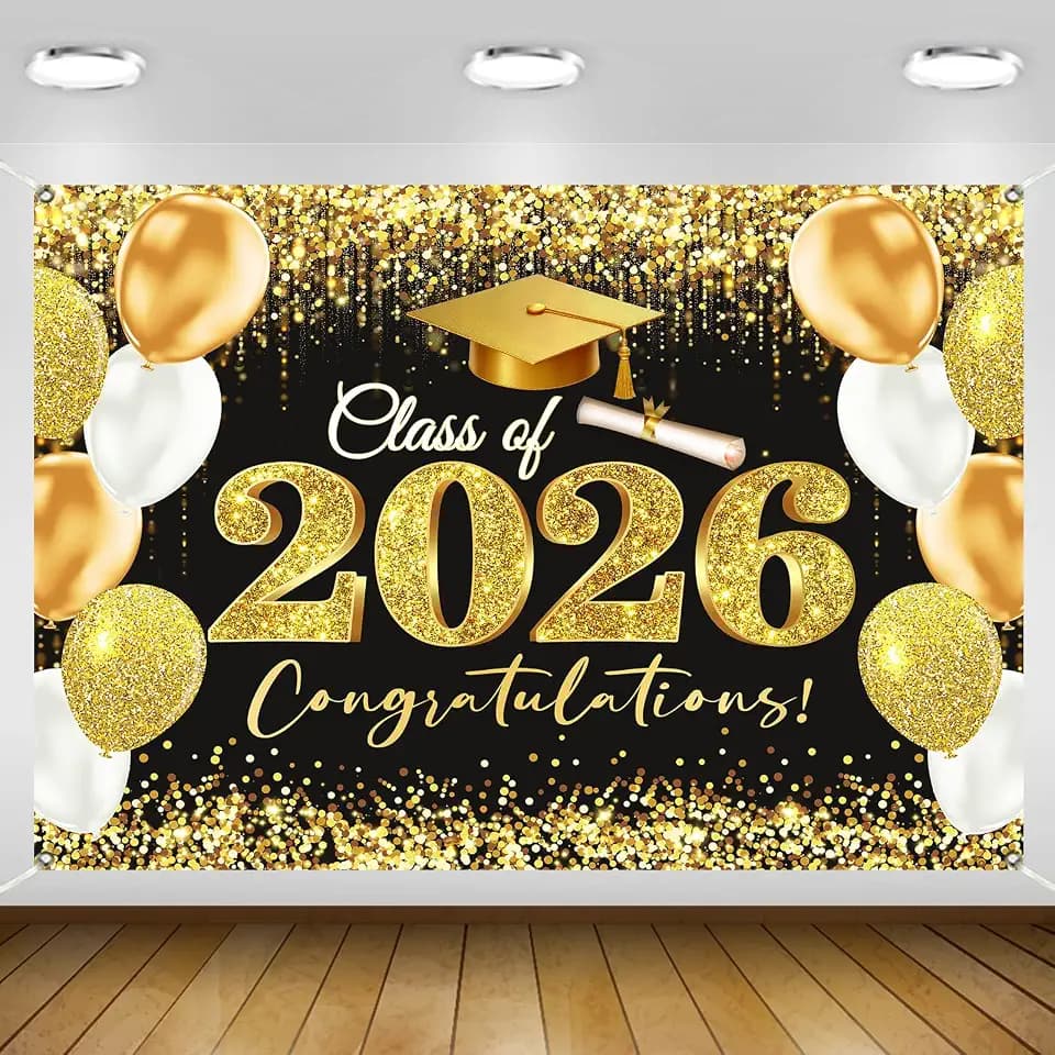 Gold Black Graduation Backdrop Decorations 2026 7x5ft Class of 2026 Congratulations Banner Congrats Grad Graduate Backdrop Banner for 2026 Graduation Party Decorations Background (84x60inch)