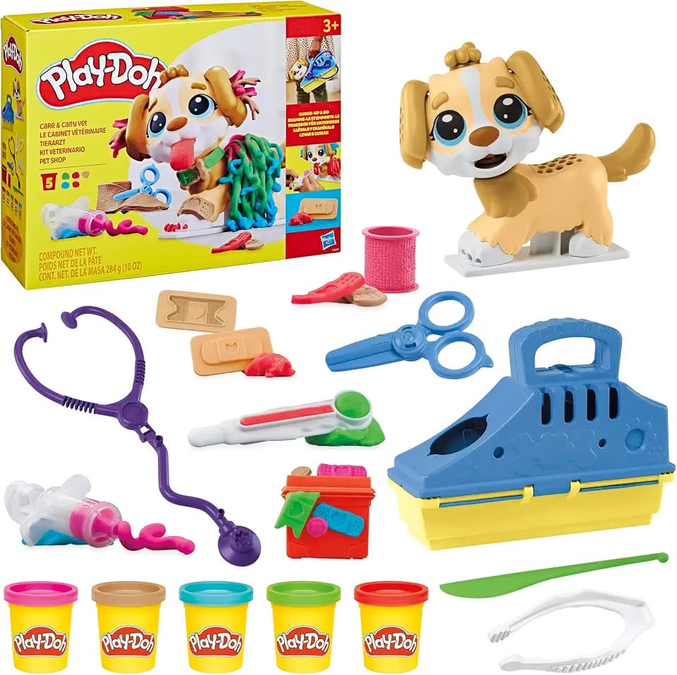 Play-Doh Tierarzt Spielset mit Spielzeughund, Tragebox und vielen weiteren Accessoires, 10 Werkzeuge und 5X Knetmasse in bunten Farben, kreatives für Kinder ab 2 Jahren
