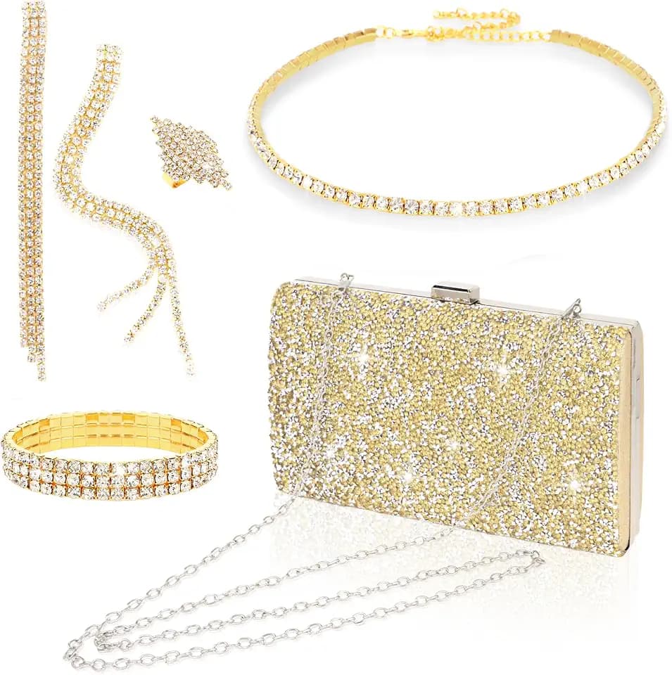 Wecoe 5pcs/set Jewelry Purse Set For Women Handbags Clutch Rhinestone Diamond Necklaces Bracelets Earrings Ring Set Wedding Bridal Prom Homecoming Costume Jewelry Formal Evening Bag Accessories