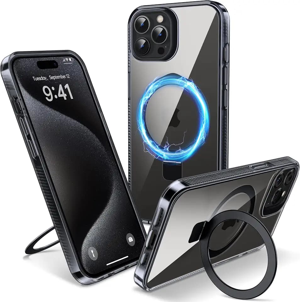 Magnetic Case for iPhone 15 Pro Max - [Built-in Invisible Stand] [Compatible with MagSafe] [Military Grade Drop Protection] Anti-Yellowing Hard Back Silicone Edge Cover, 6.7", Clear Black
