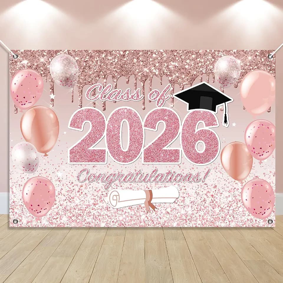 Pink Graduation Decorations Pink Rose Gold Class of 2026 Backdrop