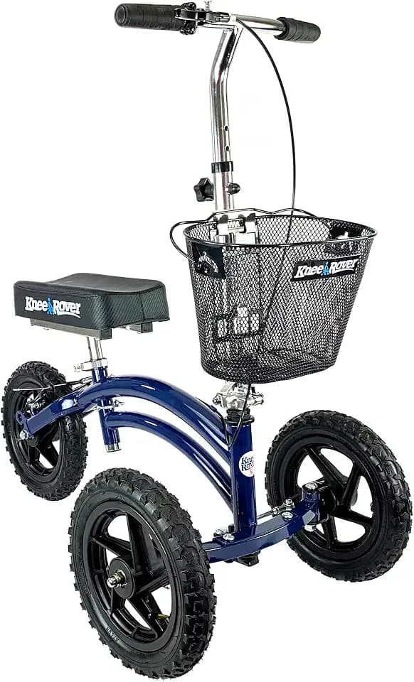 KneeRover Original Steerable All Terrain Knee Scooter – Heavy Duty Foldable Knee Walker & Mobility Aid for Adults with Adjustable Handlebar and Large Wheels (Blue)