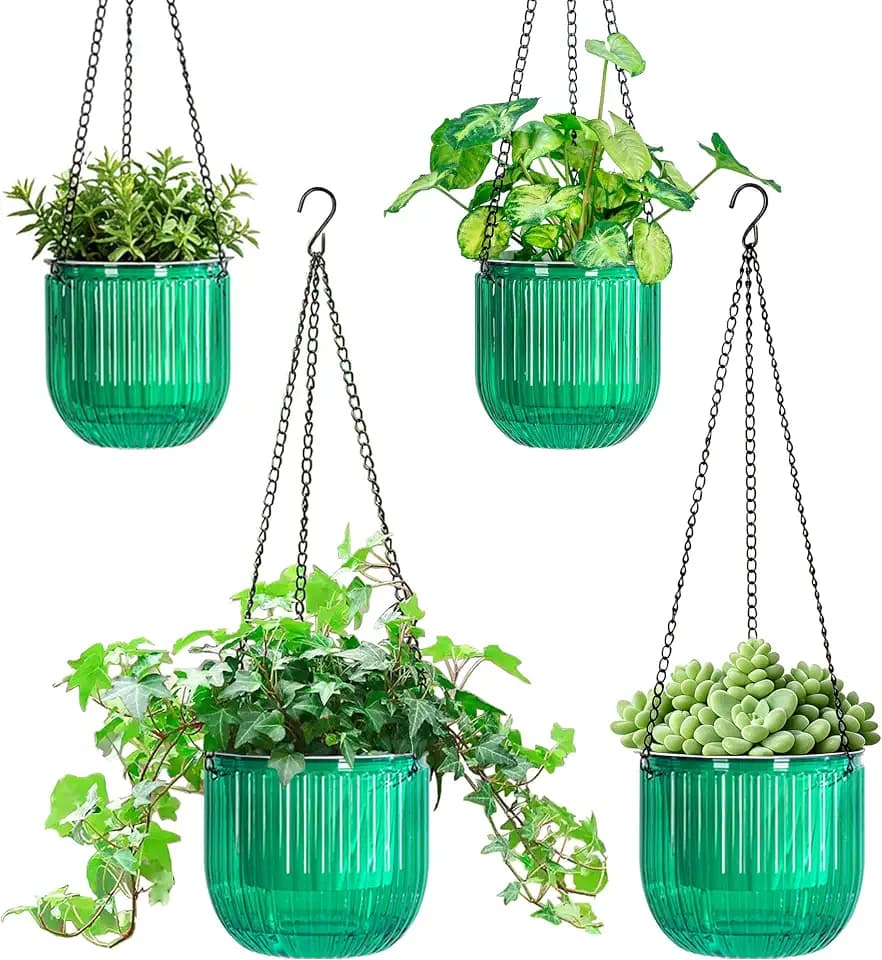 Melphoe Self Watering Hanging Planters Indoor Flower Pots, (6.5’’+6.5’’+5.3''+5.3'' 4Pack) - Outdoor Hanging Plant Pot Basket, Plant Hanger with 3Hooks Drainage Holes for Garden Home (Emerald)