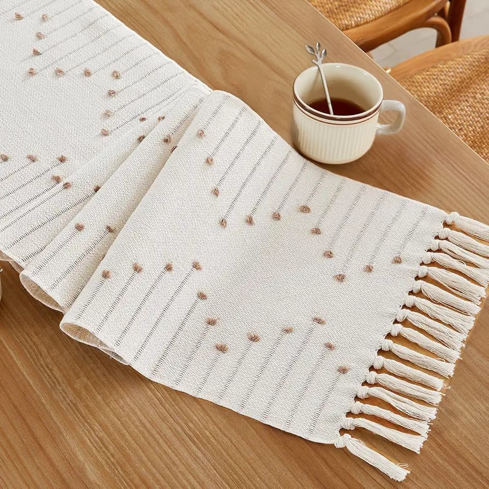 Wracra Boho Table Runner, Taupe Woven Table Runners 60 Inches Long