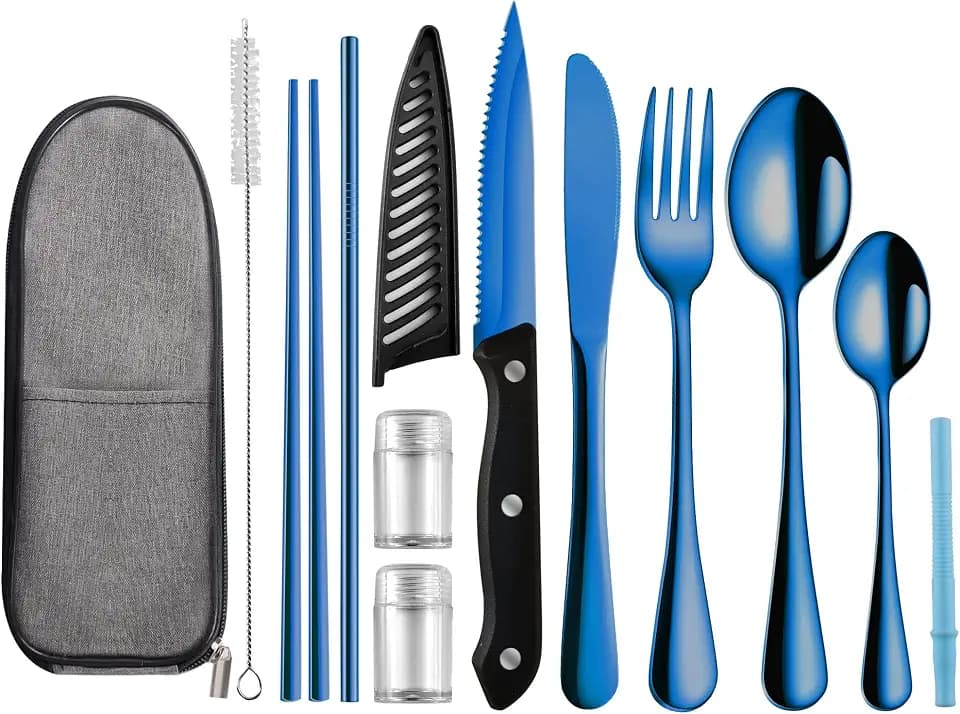 Logcow Travel Utensils Set with Case, 10-Piece Reusable Stainless Steel Camping Cutlery, Portable Fork Spoon Knife Chopsticks & Straw for Work, Lunch, Picnic (Blue)