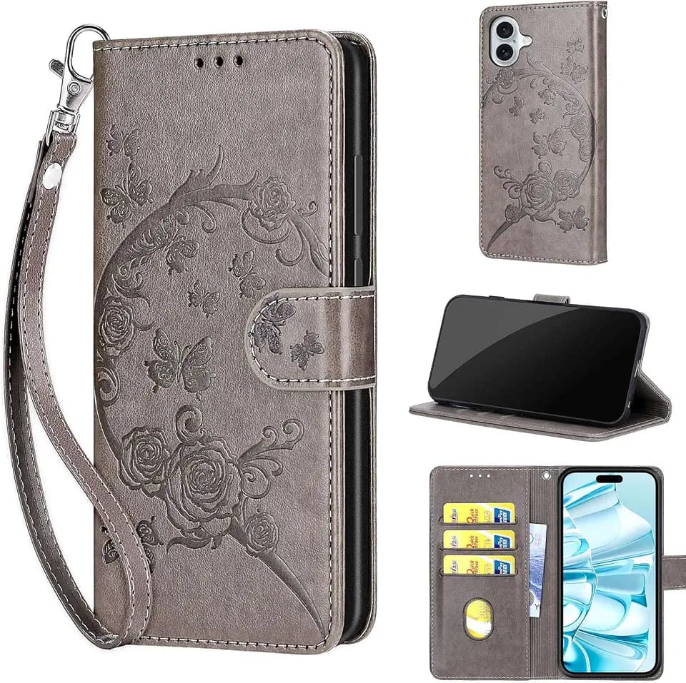 Wallet Case for iPhone 16 Plus, Gray Flower