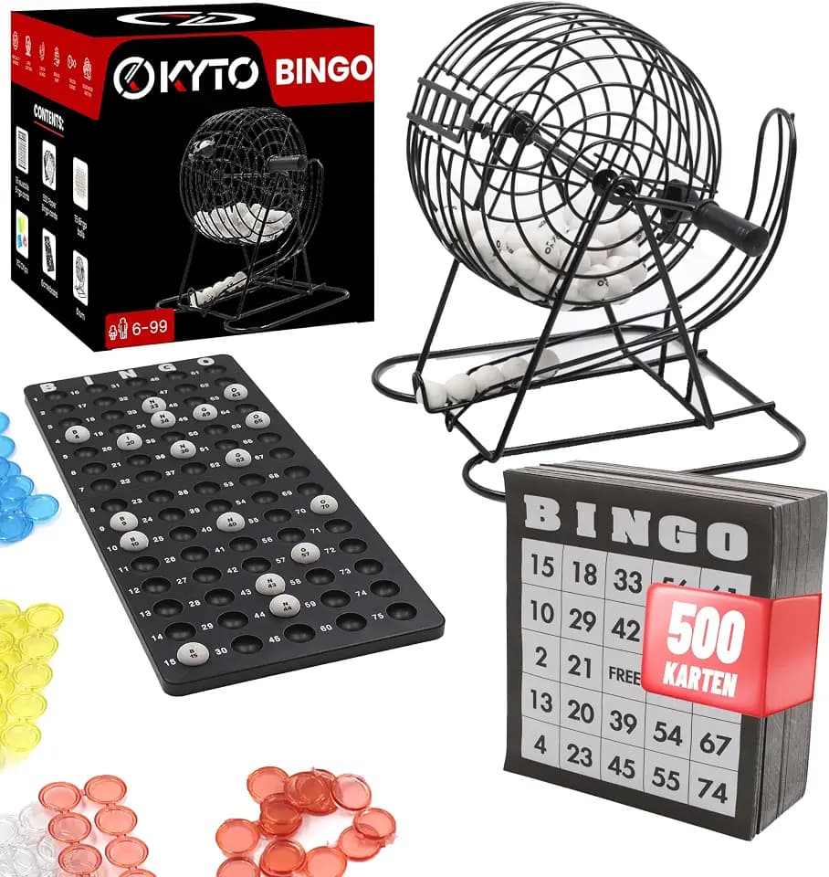 Kyto Bingo Spiel Metalltrommel 18 Bingotickets, 75 Bingo Kugeln, 150 Chips Spielbrett + 500 Bingokarten schwarz Erwachsene Kinder