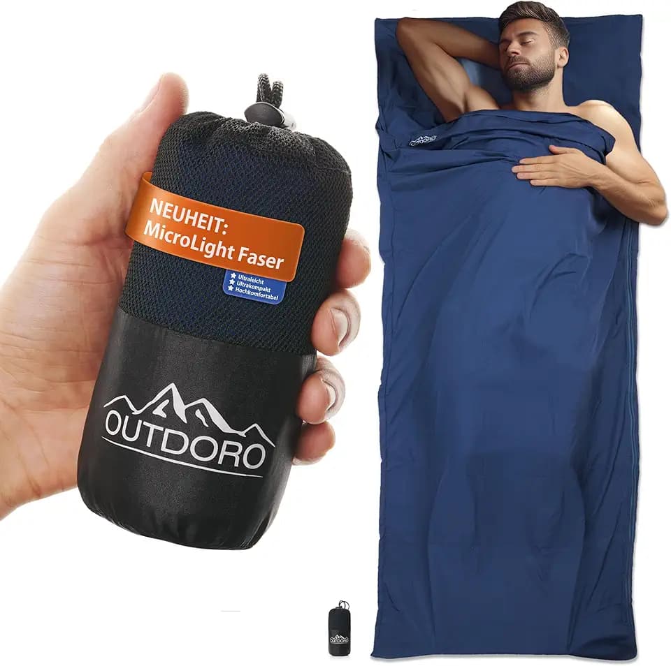 Outdoro Hüttenschlafsack - nur 210 g aus neuartiger Microlight-Mikrofaser - Ultra-Leichter Reise-Schlafsack - klein, dünn und kompakt - Inlett, Travel-Sheet