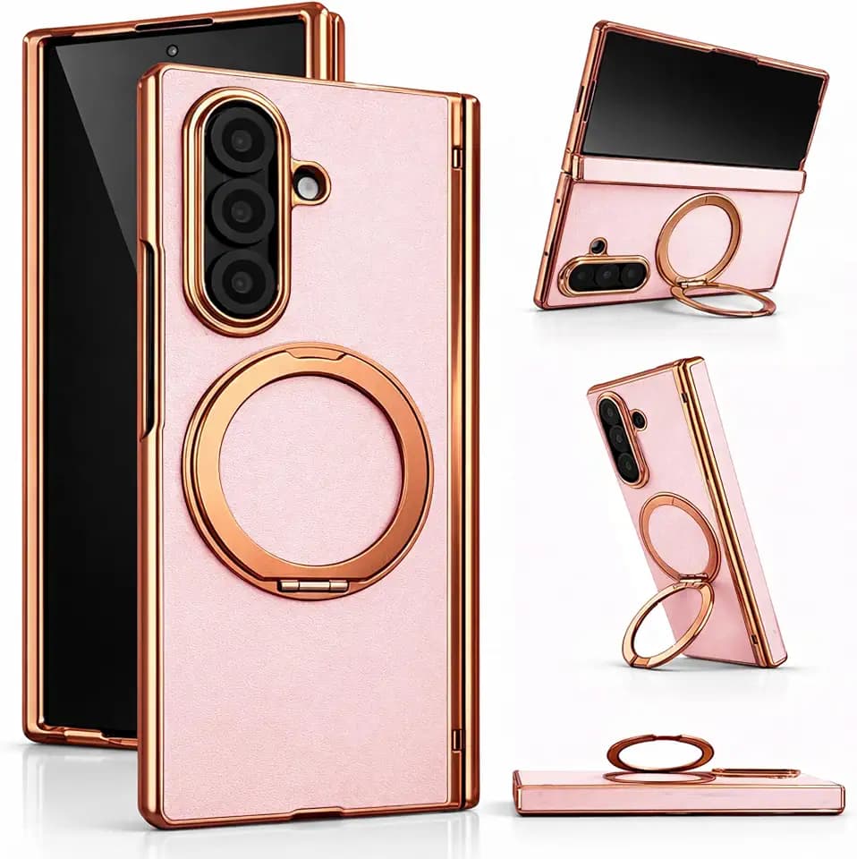 Genuine Leather Case for Galaxy Z Fold 7, Slim MagSafe Compatible Cover with Hinge Protection, Military-Grade Drop Protection, 360° Rotating Magnetic Kickstand (Pink(Gold Trim))