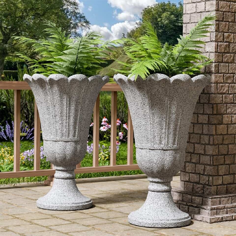 Tall Plastic Urn Planters and Pedestal - 24" Outdoor Planter Grey
