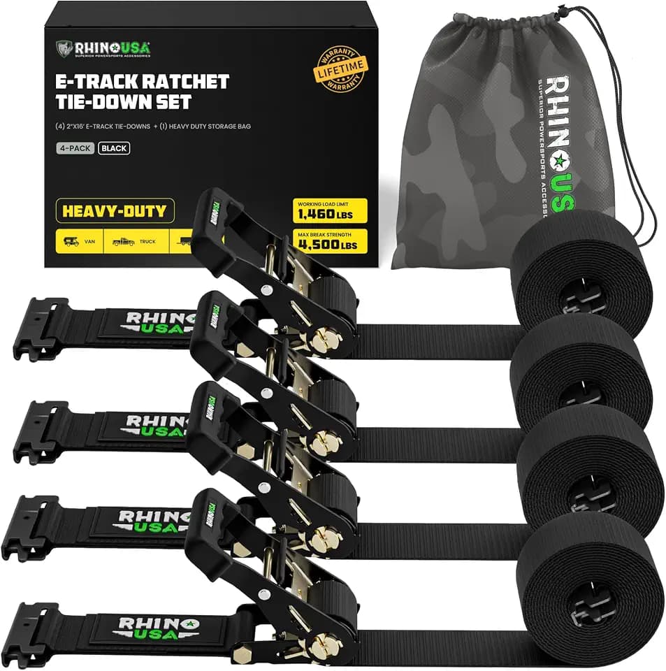 Rhino USA E-Track Ratchet Tie Down Straps (4-Pack) - 2in x 16ft