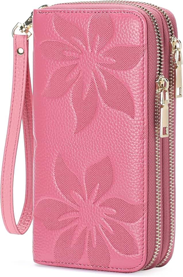 GOIACII Doppelreißverschluss Damen Geldbörse Groß RFID-Schutz Leder Portemonnaie mit Handgelenkband Lang Handytasche Blumenprägung Rosa