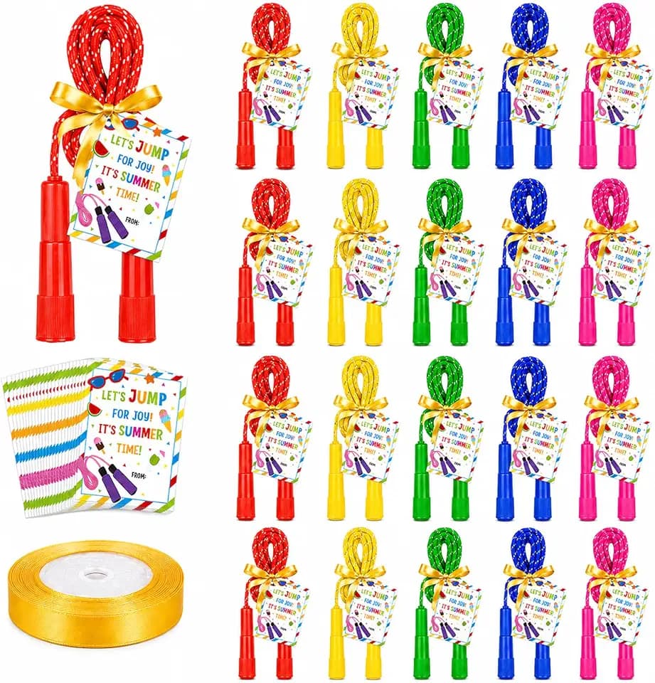 25 Set Jump Ropes for End of Year Student Gifts – 7.7ft Rainbow Adjustable Skipping Ropes Bulk with Cards for Teachers, Students, School Parties & Outdoor Activities