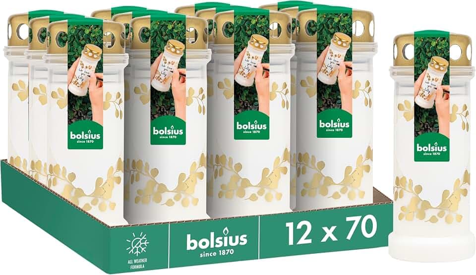 Bolsius Grablicht - Weiß mit Motiv - 12 Stk. - Herz - Länge Brenndauer - Trauerkerze & Gedenkstätte Kerzen - Sauberes Abbrennen - Ohne Palmöl