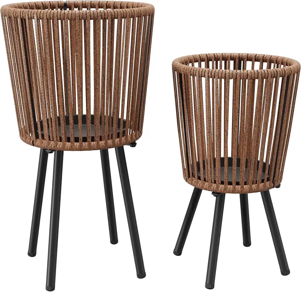 Set of 2 PE Rattan Plant Stand, Flower Pot Holder Indoor & Outdoor