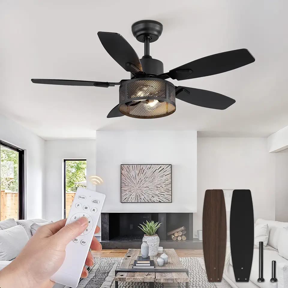 Farmhouse Ceiling Fans with Lights and Remote, 42 Inch Industrial Caged