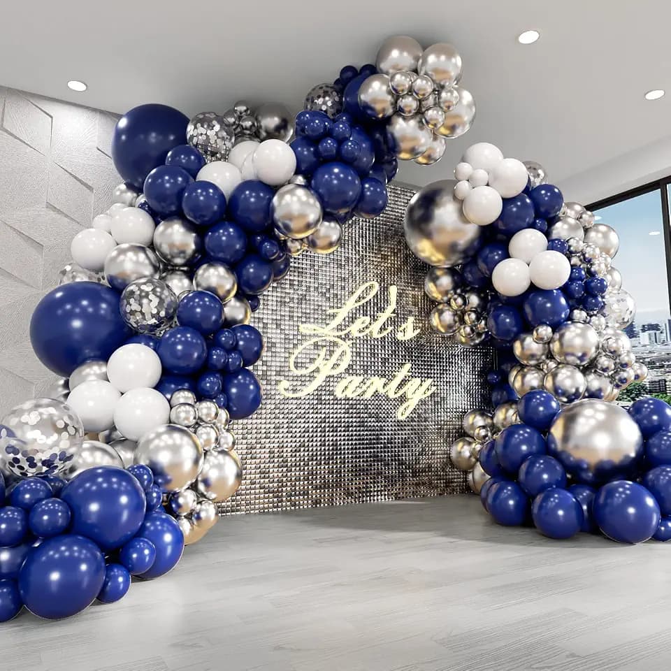 Navy Blue Silver Balloon Arch Kit with Blue Metallic Silver White Balloons