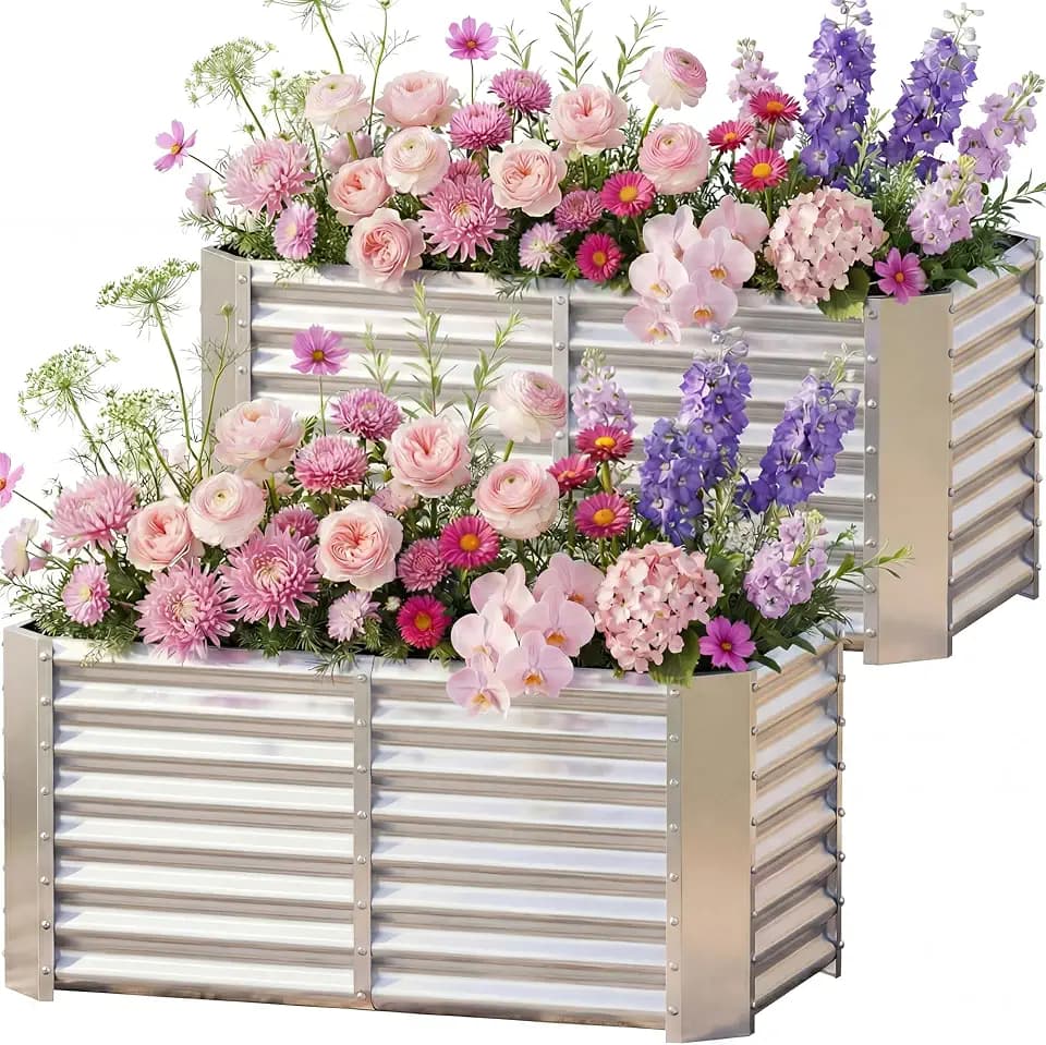 AHEONLAR 2 Pack 4×2×2ft Galvanized Raised Garden Beds, Rectangle Durable Planter Boxes Outdoor for Vegetables, Fruits, Flowers and Plants, Quick Assembly, Silver