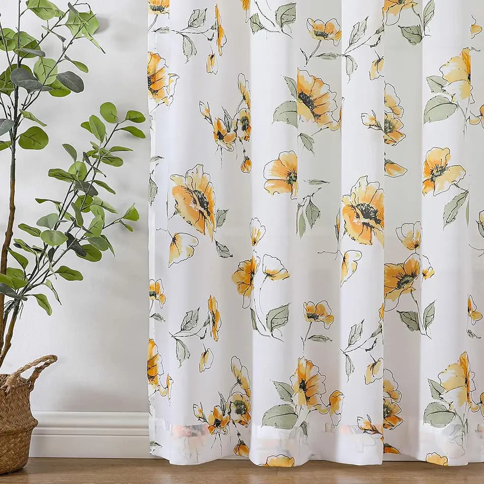 BROSHAN Sheer Curtains 72 Inches Long Floral Yellow - Silky Chiffon Semi-Sheer Privacy Curtain 2 Panels Light Filtering Drapes for Living Room Bedroom, Rod Pocket