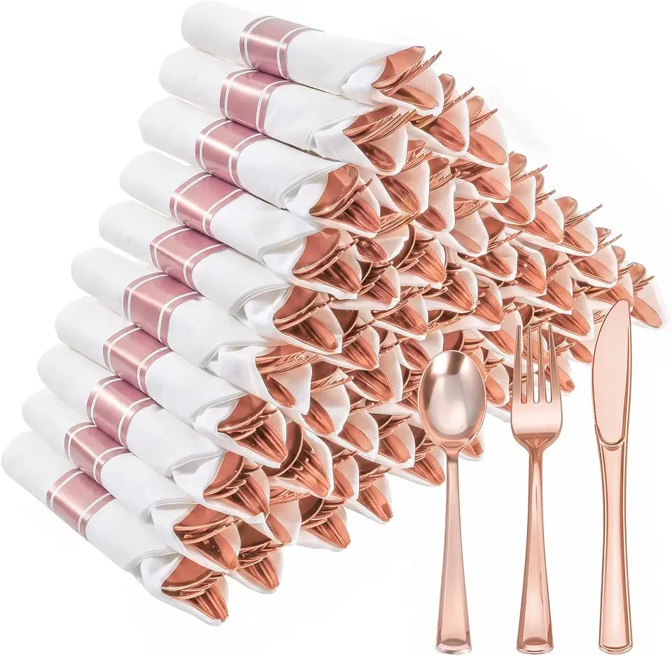 Goodluck 50 Pack Pre Rolled Rose Gold Plastic Silverware