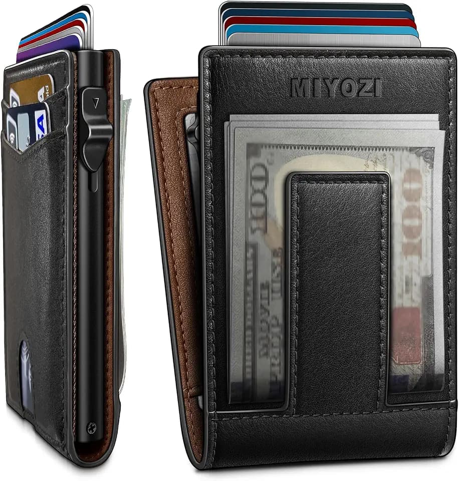 miyozi Wallet for Men, Pop Up Card Holder with RFID Blocking, Minimalist Slim Bifold Wallet with 9 Card Slots, 2 ID Window and Magnetic Money Clip, Metal Flip Case with Magnetic Closure, Gift Box