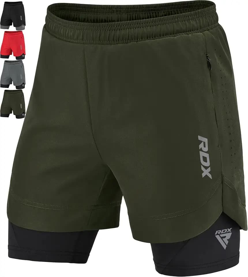 RDX Laufhose Herren kurz, 2 in 1 Running Kompressions Shorts, Trainingsshorts mit 2 Zipper und 2 Telefon Tasches, Laufshorts Am Besten für Sports Fitness Workout Joggen Schwimmen Gym Radfahren Yoga