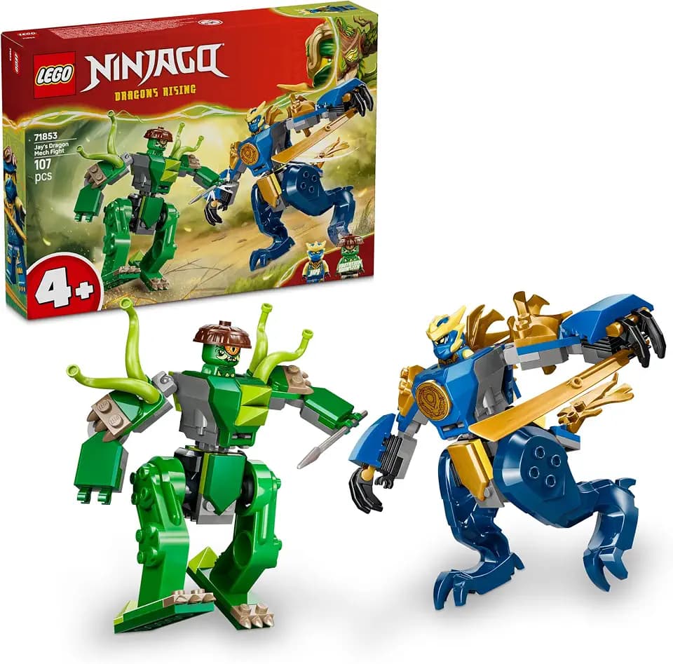 LEGO NINJAGO Duell mit Jays Drachen-Mech - Ninja Spielzeug für Jungen und Mädchen - Modellbau mit 2 Actionfiguren, 2 Minifiguren, Katana und Schwert - Geschenk für Kinder ab 4 Jahren - 71853