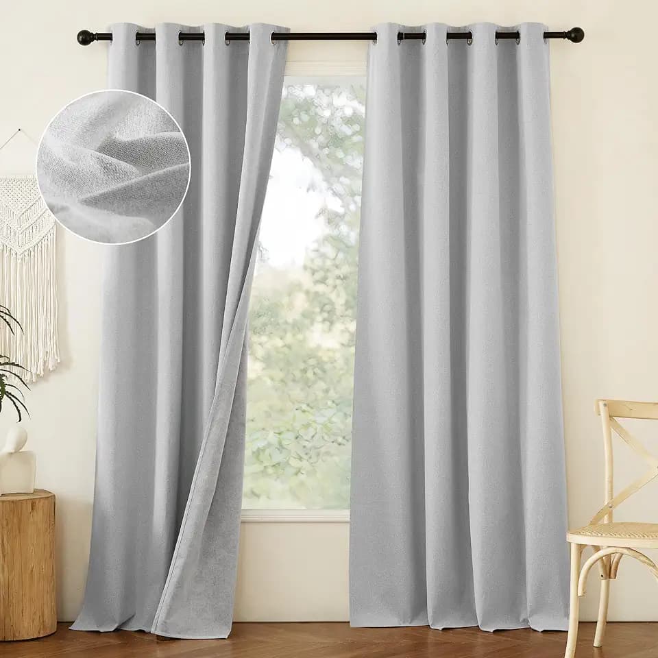 NICETOWN 100% Absolutely Blackout Faux Linen Curtains with Thermal Insulated White Liner, Greyish White, W52, 2 Pieces, Noise Reducing Faux Linen Look Curtains for Windows 95" Length for Classroom