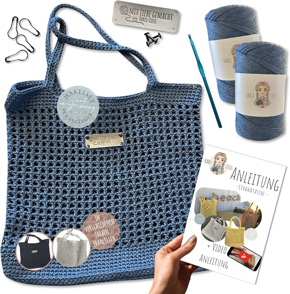HÄKEL LIESE Häkelset Für Anfänger - Strandtasche Damen, Häkel Set für Anfänger Erwachsene, Häkelnadel, Tasche häkeln, DIY Set Erwachsene, Häkelset Tasche (BLAU)