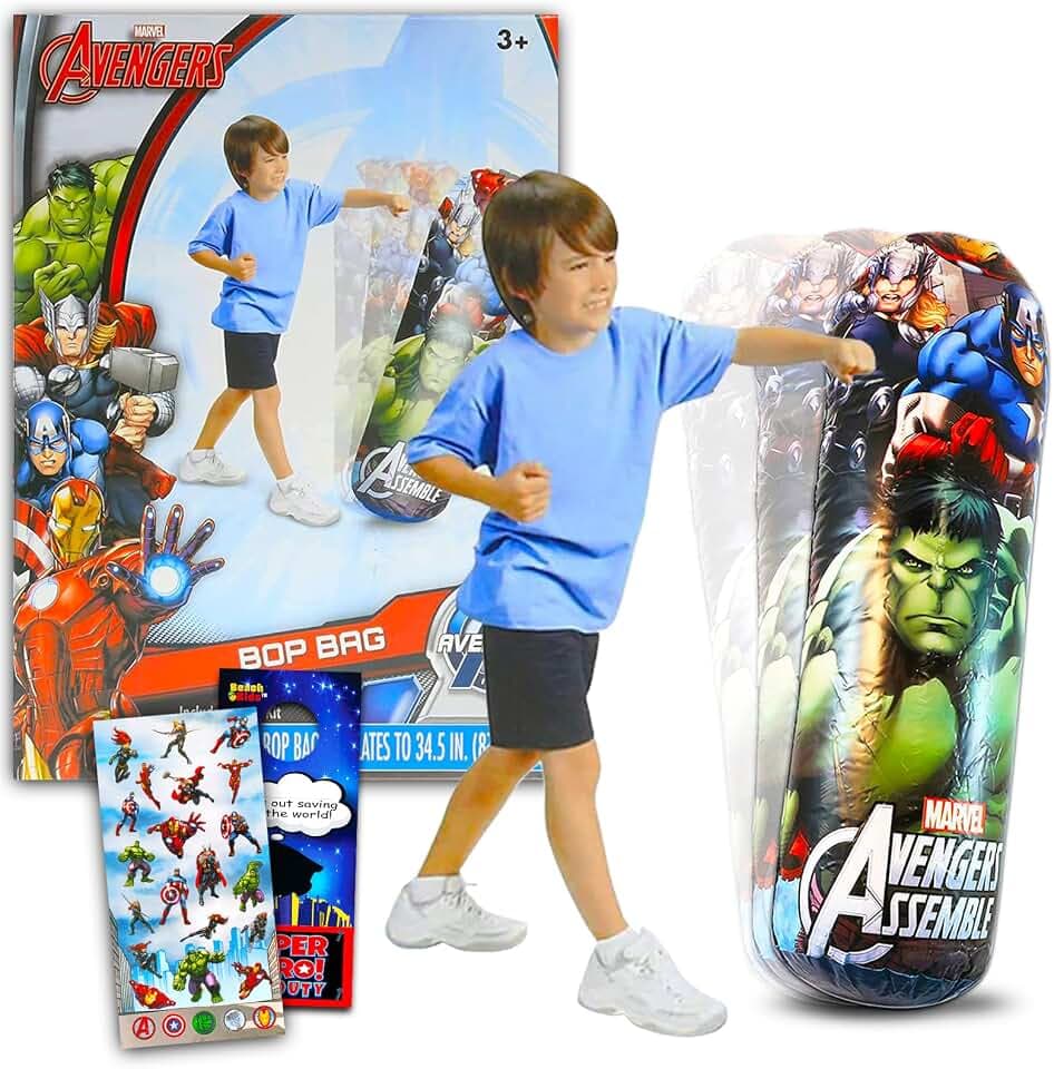 Marvel Avengers Bop Bag Set - 3 Pc Bundle with Superhero Punching Bag for Kids | Avengers Bop Bag with Stickers and More (Marvel Toys and Games)