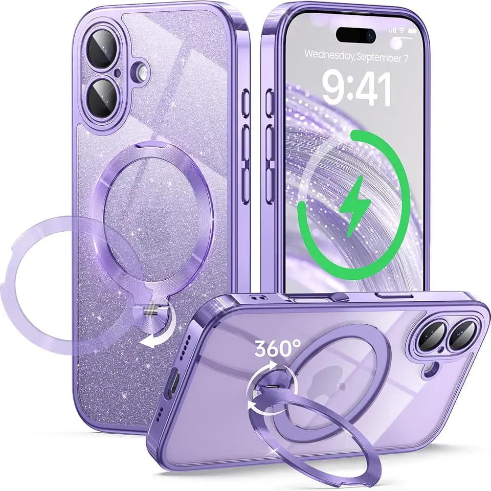 360° Spin CD Stand for iPhone 17 Case Compatible with Magsafe Ring [Never Yellow][DIY Glitter Cardstock] Camera Protection Plating Clear Cute Phone Case for Women Girls 6.3'', Lavender Purple