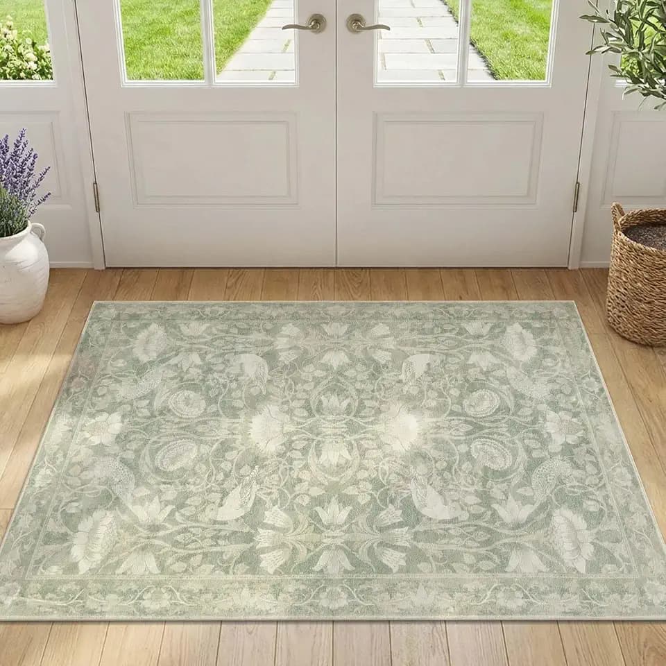 jinchan 3x5 Vintage Floral Rug, Washable Non Slip, Sage Green